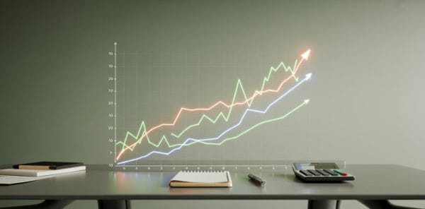 A rising line graph overlaid on a notepad, calculator, or computer