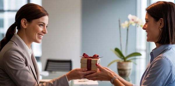 A professional handing a small gift box or thank-you card to a smiling client